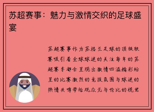 苏超赛事：魅力与激情交织的足球盛宴