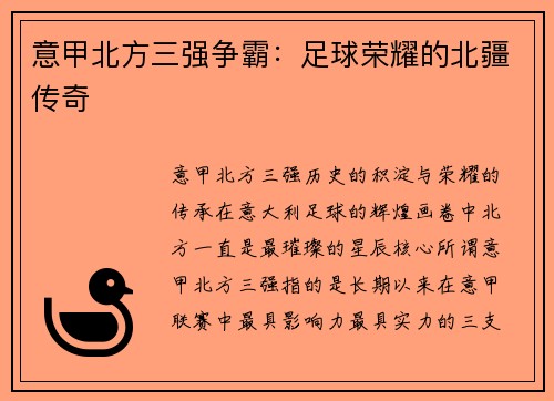 意甲北方三强争霸：足球荣耀的北疆传奇