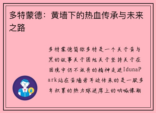 多特蒙德：黄墙下的热血传承与未来之路